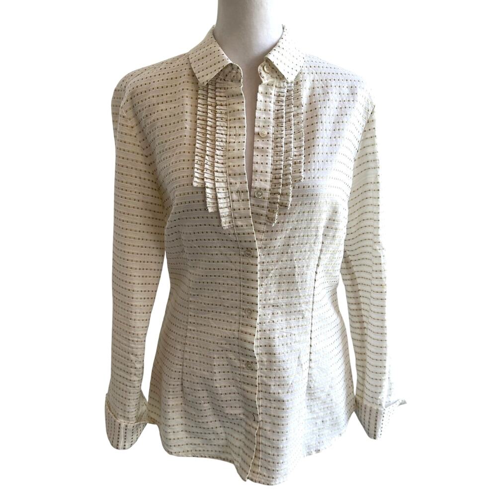 J. McLaughlin Sz 4‎ Ivory White Metallic Gold Button Down Blouse Shirt Small